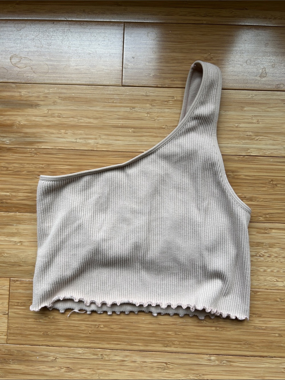 Asymmetric Ribbed One-Shoulder Crop Top in Light Beige